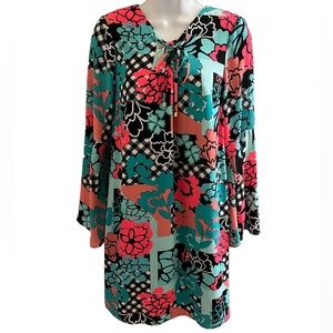 Kaari blue neon floral criss cross bell sleeve tunic dress small EUC